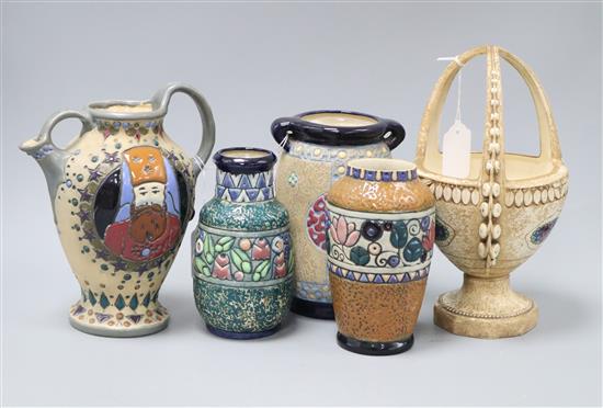 An Ernst Wahliss basket, three Amphora pottery vases and a similar jug Tallest 28cm